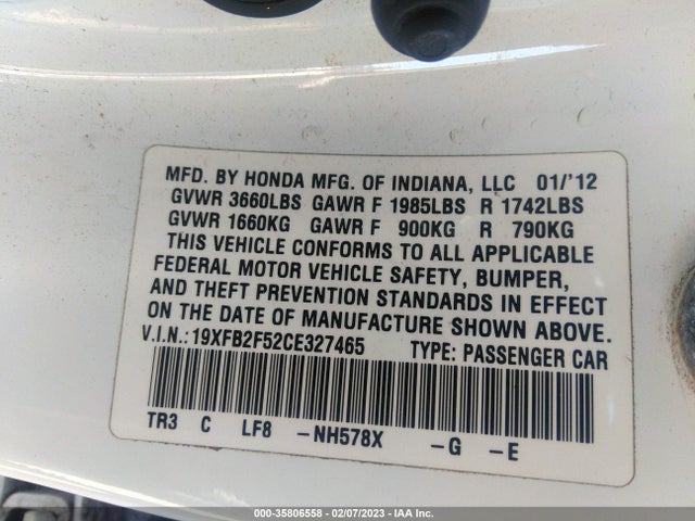 2012 HONDA CIVIC SDN LX VIN: 19XFB2F52CE327465