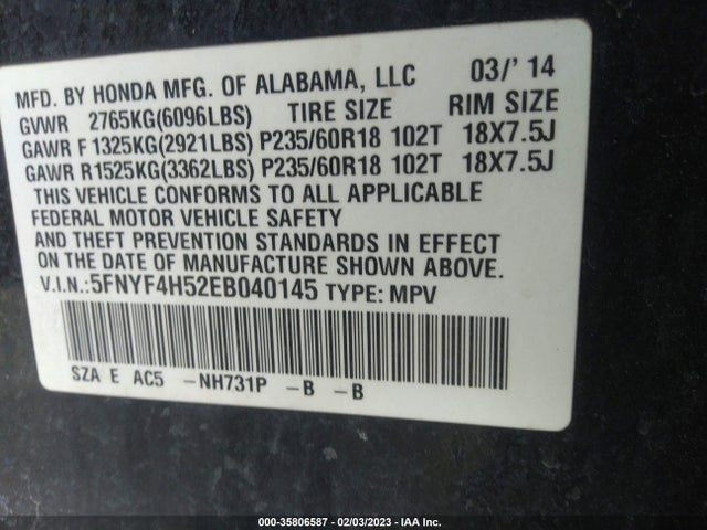 2014 HONDA PILOT EX-L VIN: 5FNYF4H52EB040145