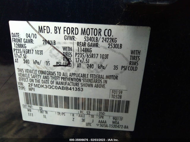 2010 FORD EDGE SE VIN: 2FMDK3GC0ABB41353