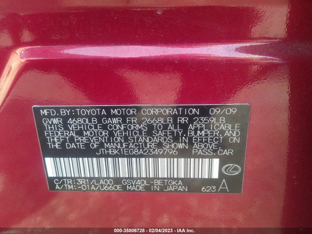JTHBK1EG8A2349796 Lexus ES 350
