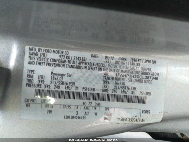 Продажа на аукционе авто 2012 Ford Focus Sel, vin: 1FAHP3H2XCL387946, номер лота: 35806842