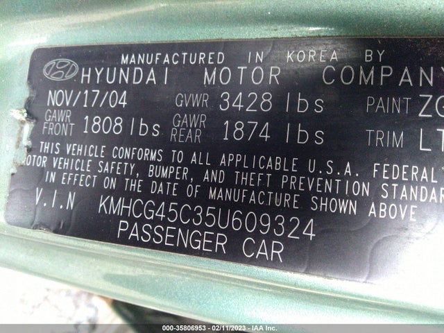 2005 HYUNDAI ACCENT GLS VIN: KMHCG45C35U609324