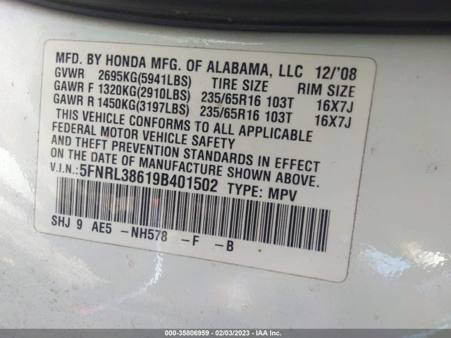 2009 HONDA ODYSSEY EX-L VIN: 5FNRL38619B401502