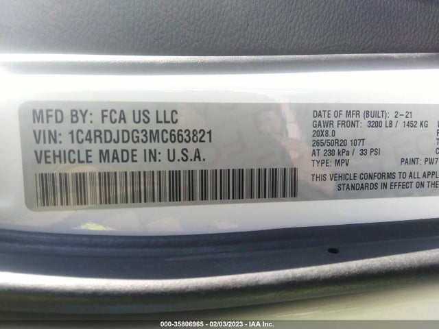 2021 Dodge Durango, VIN: 1C4RDJDG3MC663821