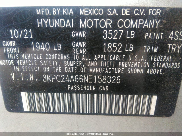 2022 HYUNDAI ACCENT SEL VIN: 3KPC24A66NE158326