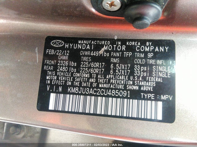 2012 HYUNDAI TUCSON GLS PZEV VIN: KM8JU3AC2CU485091