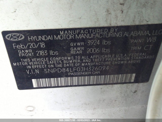 2018 HYUNDAI ELANTRA SEL VIN: 5NPD84LF0JH326094