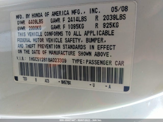 2008 HONDA ACCORD CPE EX-L VIN: 1HGCS12818A023309