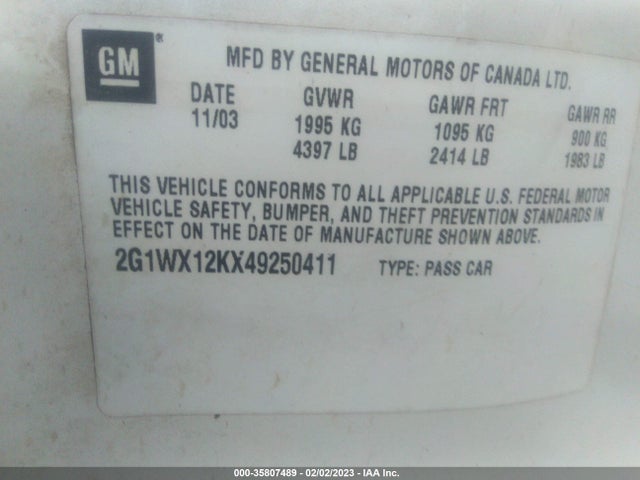 2004 CHEVROLET MONTE CARLO SS VIN: 2G1WX12KX49250411