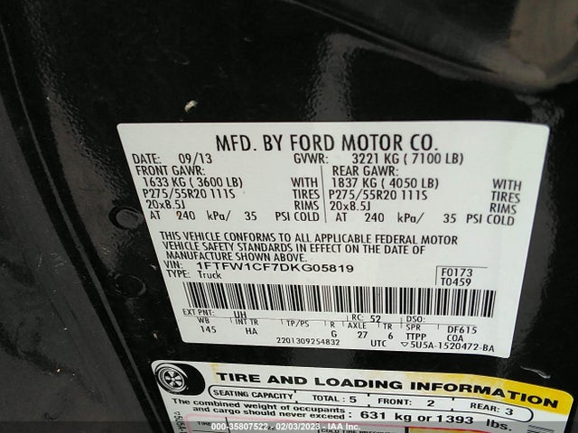 2013 FORD F-150 XL/XLT/FX2/LARIAT VIN: 1FTFW1CF7DKG05819