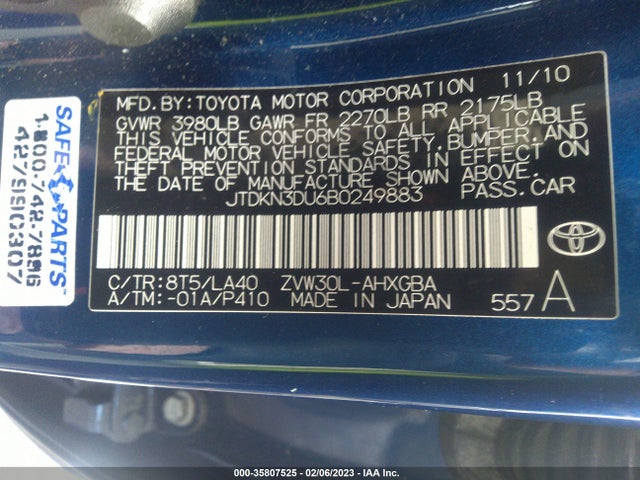 2011 TOYOTA PRIUS I/II/III/IV/V VIN: JTDKN3DU6B0249883