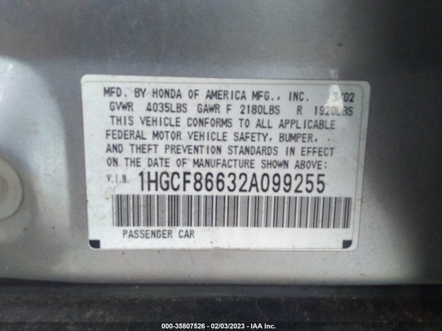 2002 HONDA ACCORD SDN VP VIN: 1HGCF86632A099255