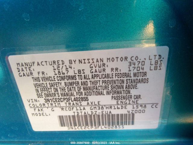 3N1CE2CP3FL402855 Nissan Versa Note S/s Plus/sv/sr/sl
