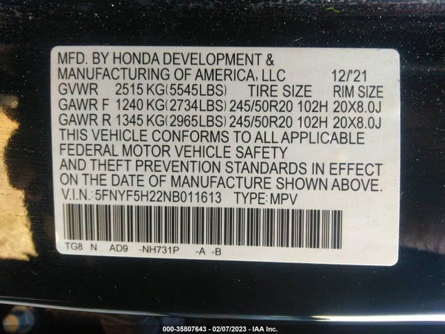 Honda Pilot 2wd Special Edition 2022 5FNYF5H22NB011613 Image 9