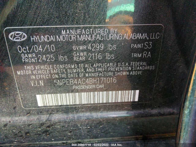 2011 HYUNDAI SONATA GLS PZEV VIN: 5NPEB4AC4BH171016