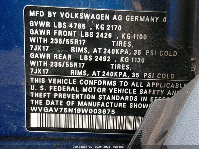 2009 VOLKSWAGEN TIGUAN S/SE/SEL/SE W/LEATHER VIN: WVGAV75N19W003675