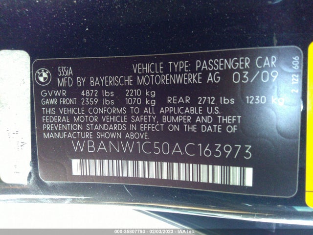 BMW 5 Series 535i 2010 WBANW1C50AC163973 Image 9