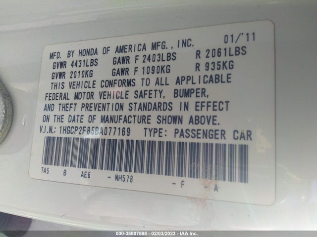 2011 HONDA ACCORD SDN EX-L VIN: 1HGCP2F85BA077169