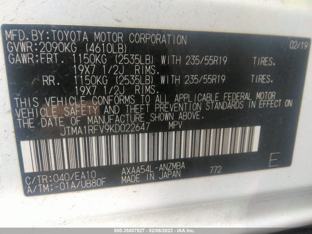 2019 TOYOTA RAV4 XLE PREMIUM VIN: JTMA1RFV9KD022647