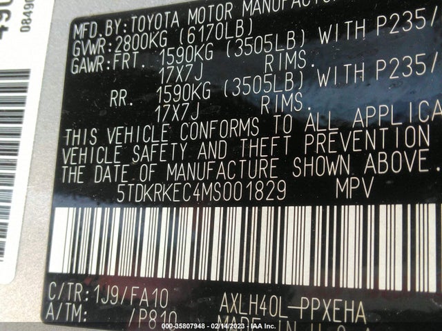 2021 Toyota Sienna, VIN: 5TDKRKEC4MS001829
