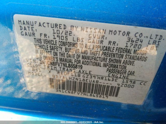3N1CN8FV7NL865819 Nissan VERSA SR