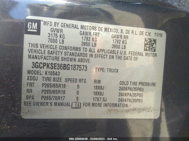 2011 CHEVROLET SILVERADO 1500 LT VIN: 3GCPKSE36BG187573