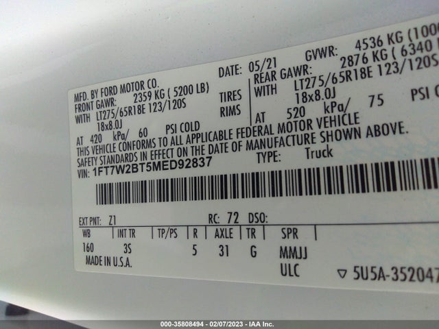 2021 Ford F-250, VIN: 1FT7W2BT5MED92837