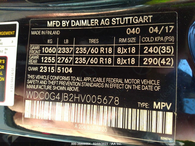 2017 Mercedes-Benz GLC-Class, VIN: WDC0G4JB2HV005678