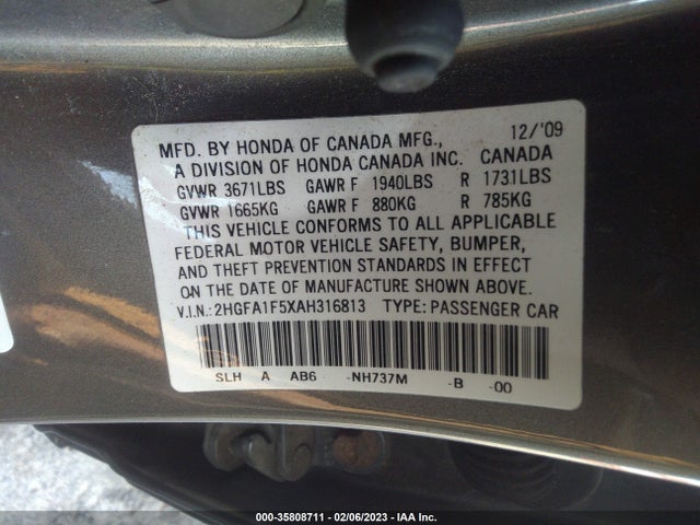 2010 HONDA CIVIC SDN LX VIN: 2HGFA1F5XAH316813