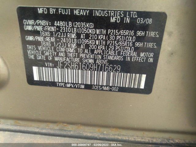 Subaru FORESTER X 2009 JF2SH61609H716629 Image 10