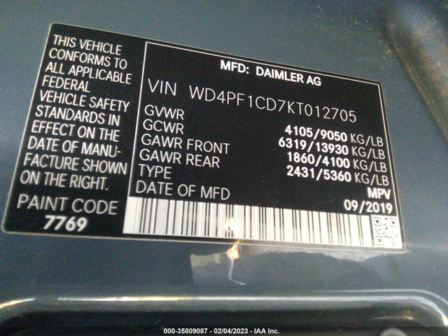 2019 Mercedes-Benz Sprinter, VIN: WD4PF1CD7KT012705