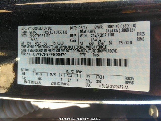 2015 FORD F-150 XL/LARIAT VIN: 1FTEW1CF9FFB00470
