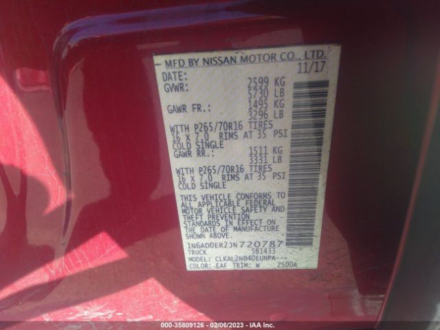 1N6AD0ER2JN720787 Nissan Frontier Sv V6