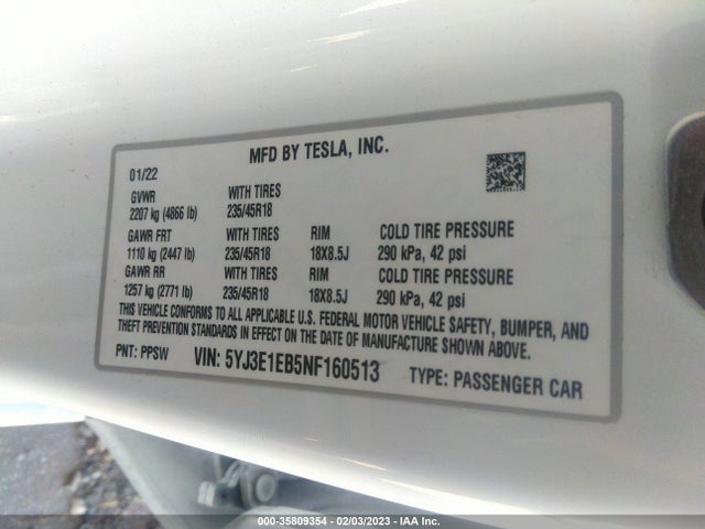 Tesla Model 3 Long Range 2022 5YJ3E1EB5NF160513 Image 9
