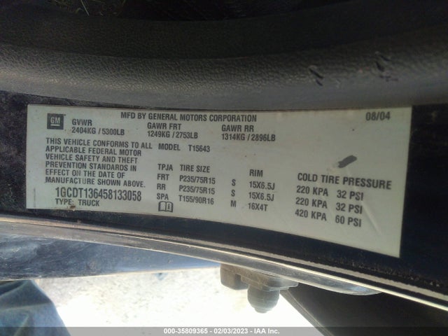 2005 CHEVROLET COLORADO 1SB LS Z85 VIN: 1GCDT136458133058