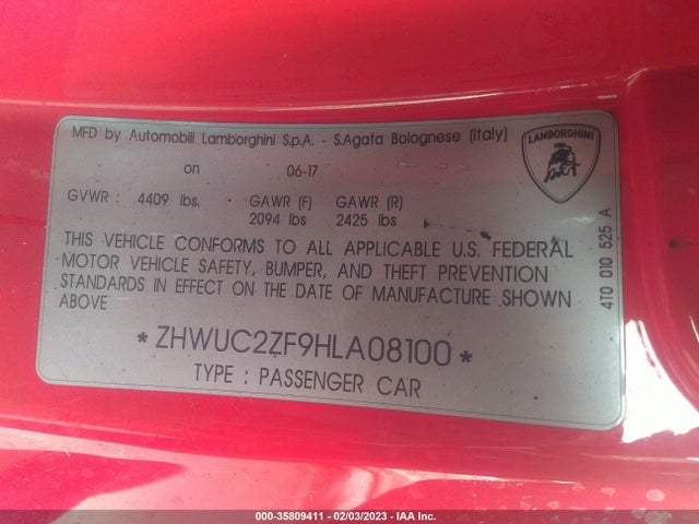 2017 Lamborghini Huracan, VIN: ZHWUC2ZF9HLA08100