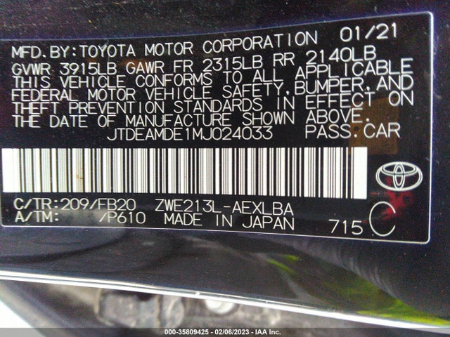 2021 TOYOTA COROLLA HYBRID LE VIN: JTDEAMDE1MJ024033