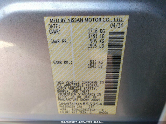 2014 NISSAN SENTRA S/FE+ S/SV/FE+ SV/SR/SL VIN: 1N4AB7APXEN855954
