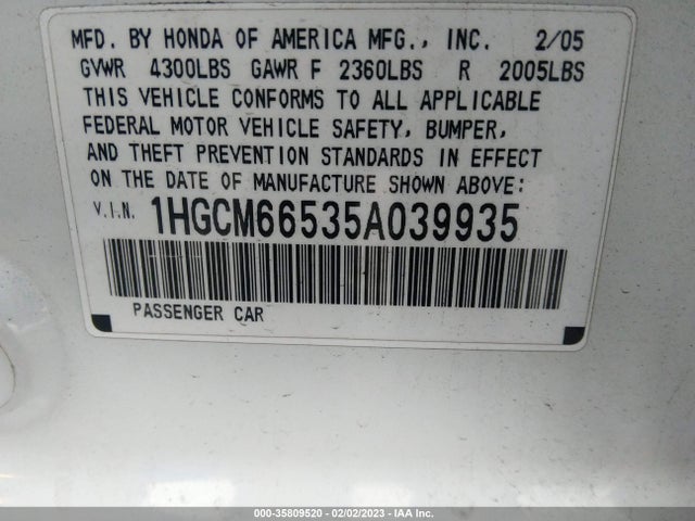 2005 HONDA ACCORD SDN EX-L V6 VIN: 1HGCM66535A039935