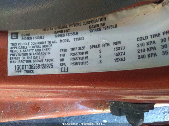2006 CHEVROLET COLORADO LT W/2LT VIN: 1GCDT136268128975
