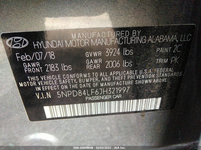 2018 HYUNDAI ELANTRA SEL VIN: 5NPD84LF6JH321997