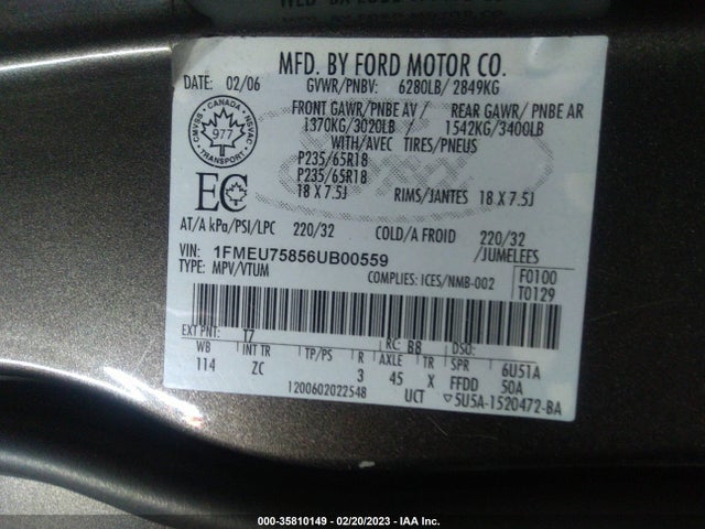 2006 FORD EXPLORER LIMITED VIN: 1FMEU75856UB00559