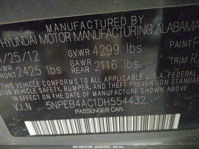 2013 HYUNDAI SONATA GLS VIN: 5NPEB4AC1DH554432