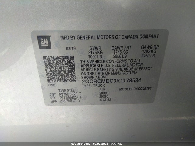2019 CHEVROLET SILVERADO 1500 LD CUSTOM VIN: 2GCRCMEC3K1178534