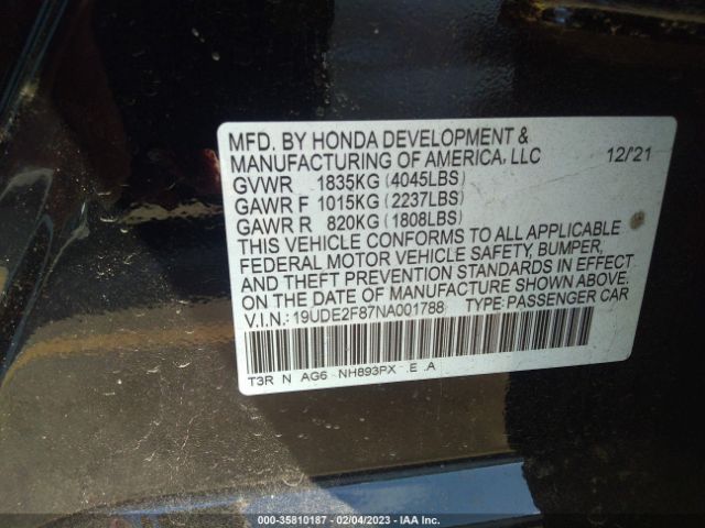 2022 ACURA ILX PACKAGE VIN: 19UDE2F87NA001788