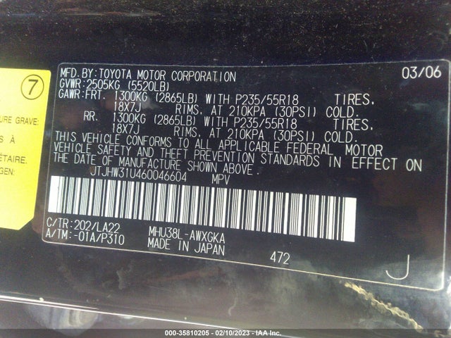 JTJHW31U460046604 Lexus RX 400H