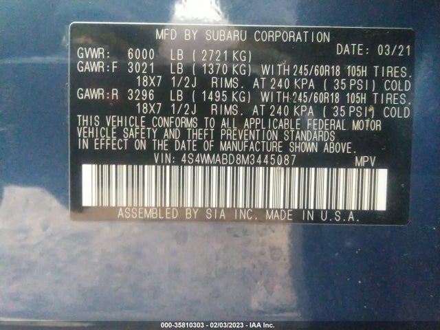 4S4WMABD8M3445087 Subaru Ascent Premium