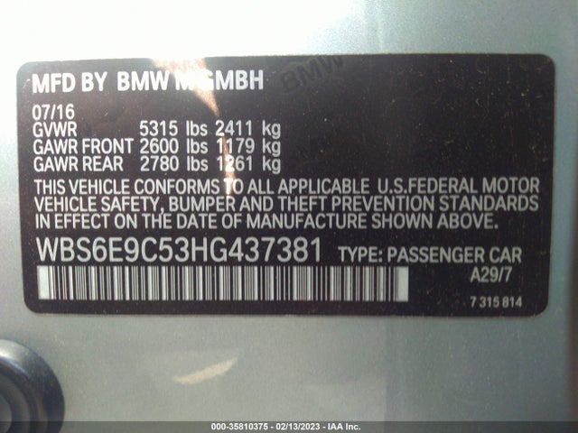 2017 BMW M6, VIN: WBS6E9C53HG437381