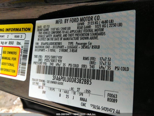 2013 FORD FUSION SE HYBRID VIN: 3FA6P0LU0DR382885