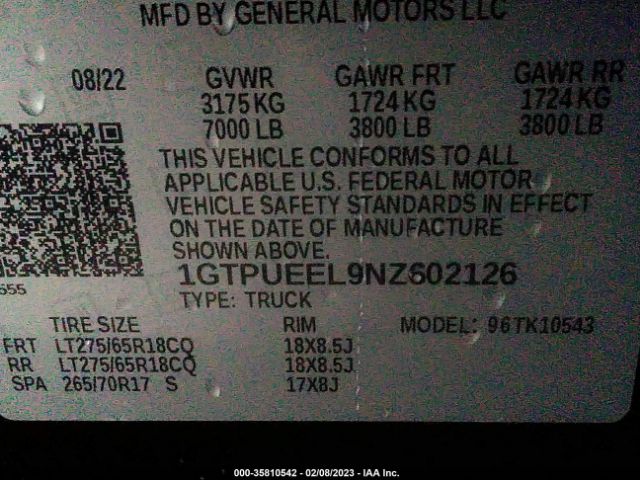 1GTPUEEL9NZ602126 GMC Sierra 1500 At4